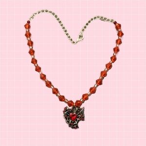 Red Beaded Spider Web Heart Necklace